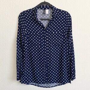 H&M Divided Women's Dark Blue Polka Dot Long Sleeve Button-Up Shirt